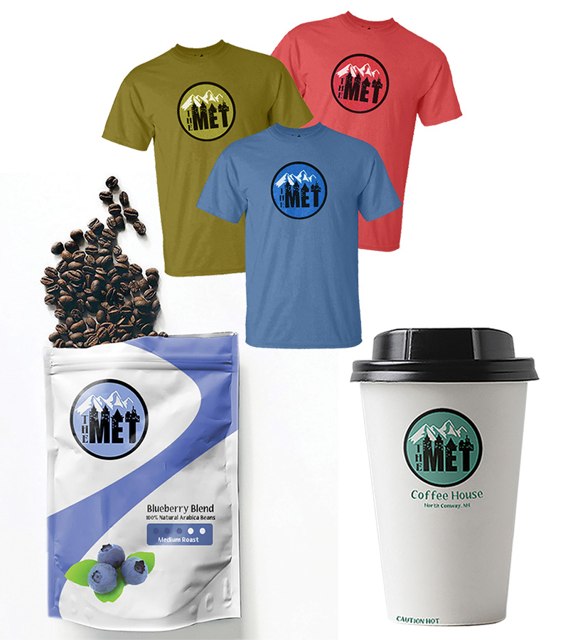 the met coffee house rebrand product mockup designs with new logo