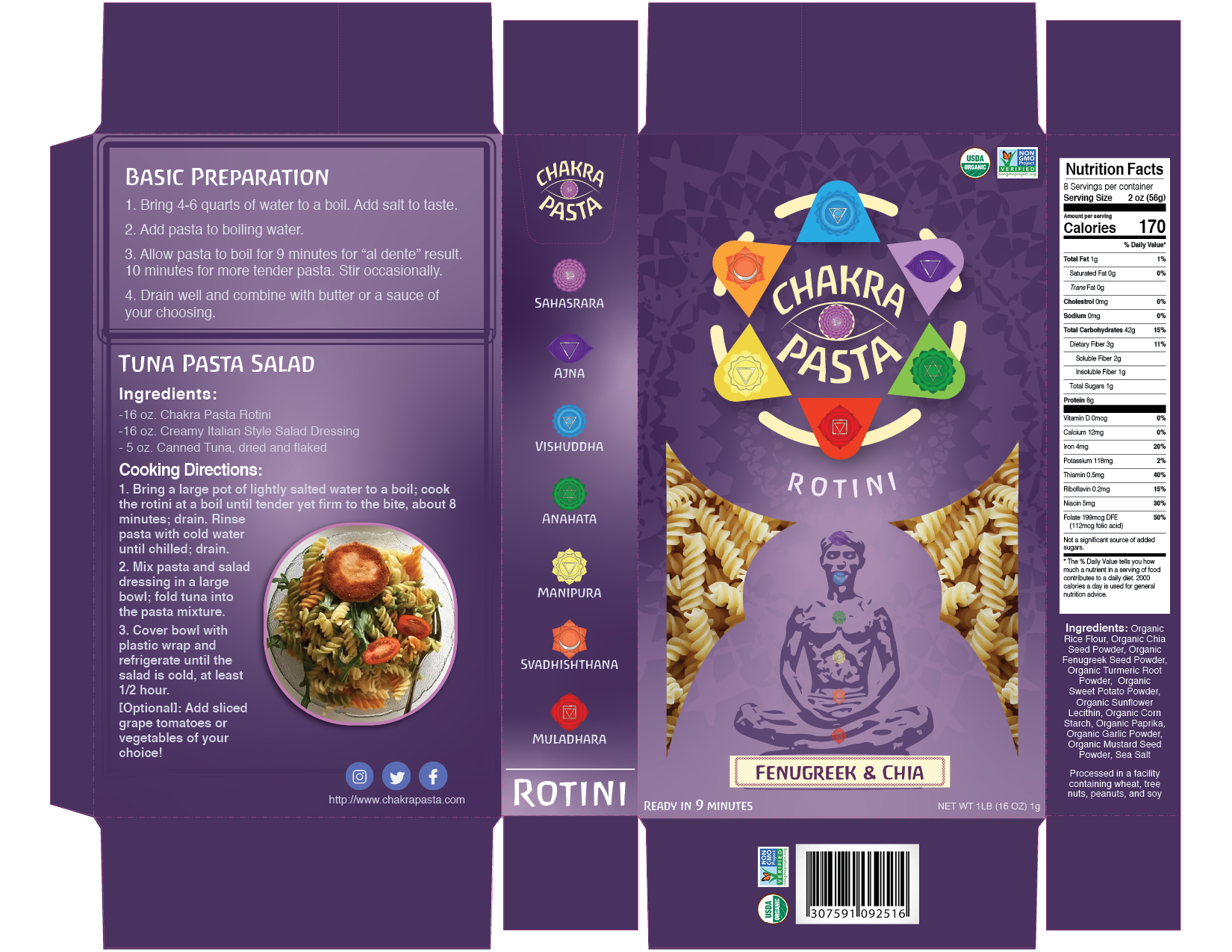 polished chakra pasta flat box design layout in dieline